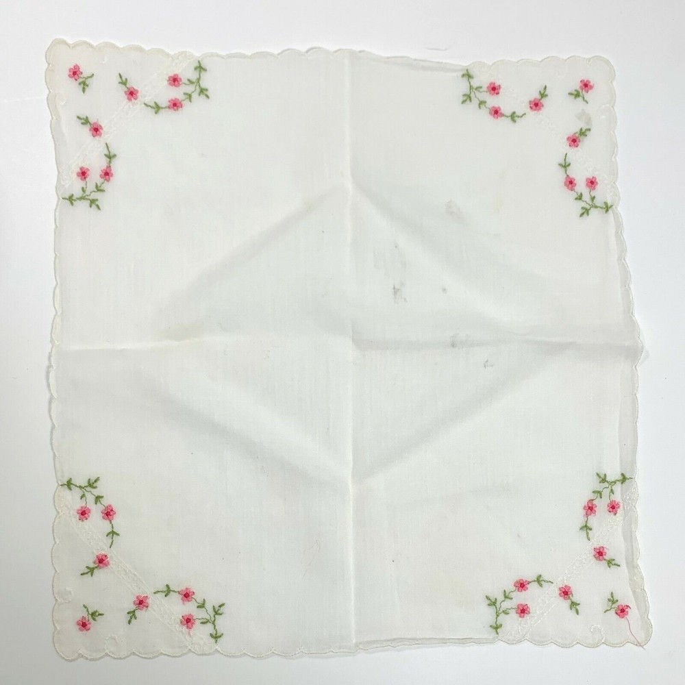 Vintage Pink Embroidered Flower Floral Victorian Hankie Handkerchief Scalloped